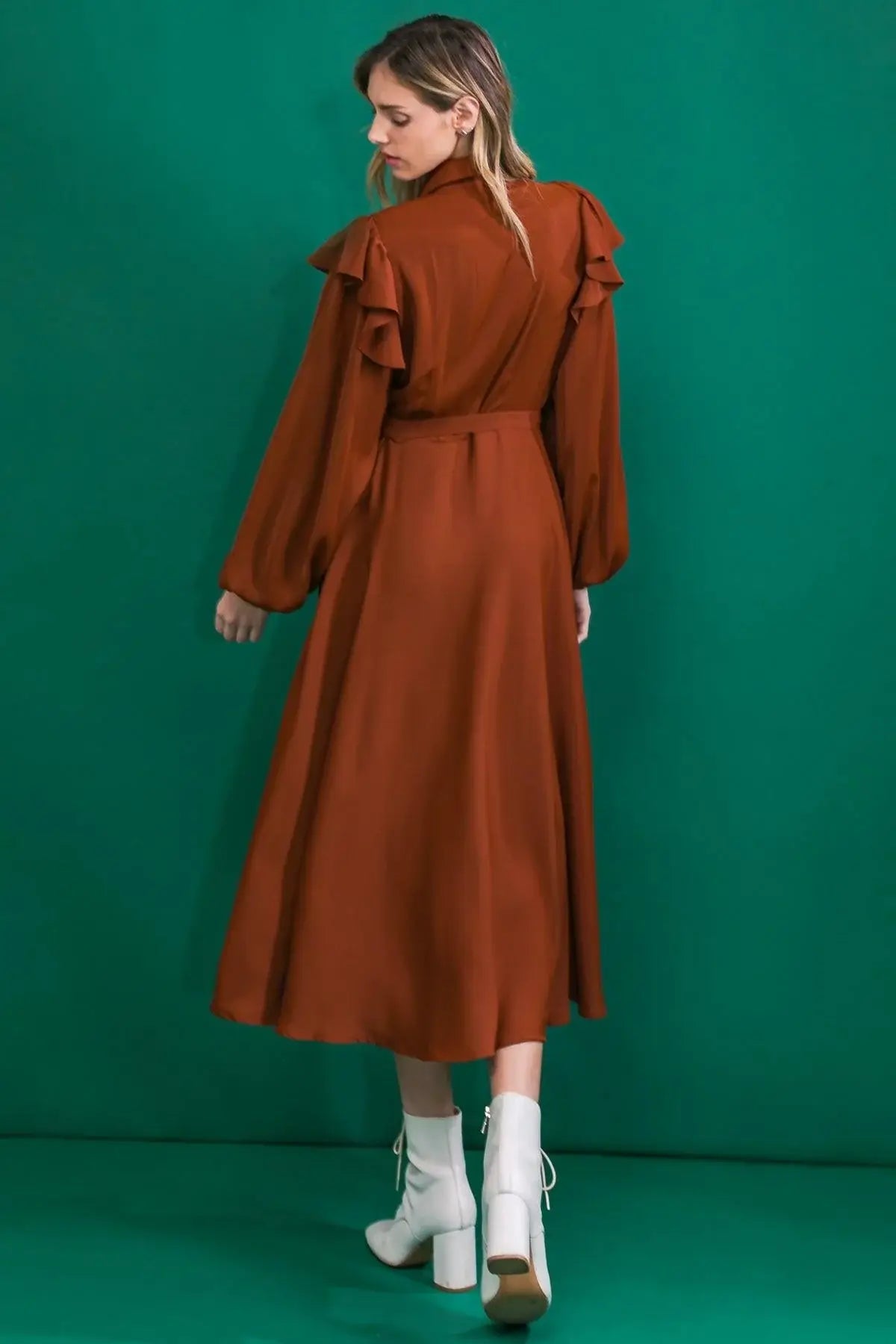 TIER ELEGANCE BROWN WOVEN MIDI DRESS - Flying Tomato - Flyclothing LLC