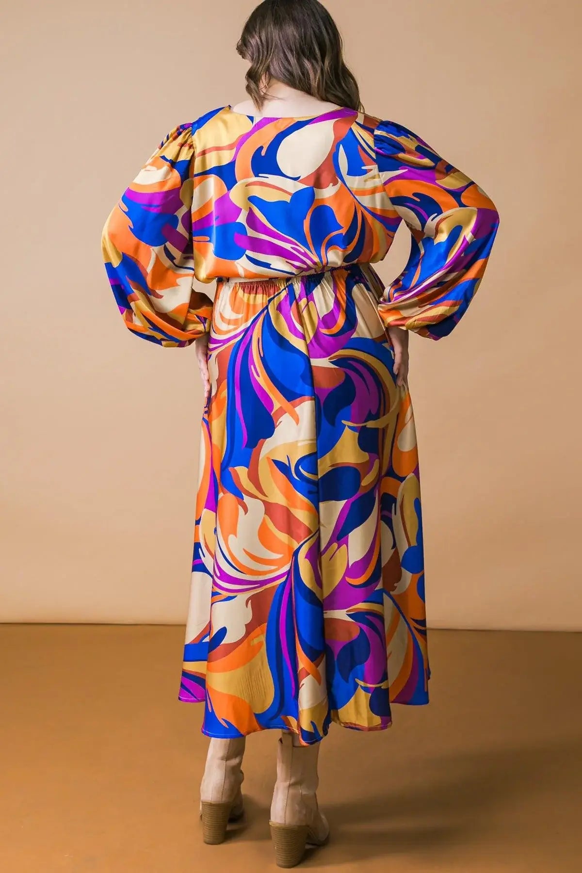 BOLD ADVENTURES WOVEN SATIN MIDI DRESS - Flying Tomato - Flyclothing LLC