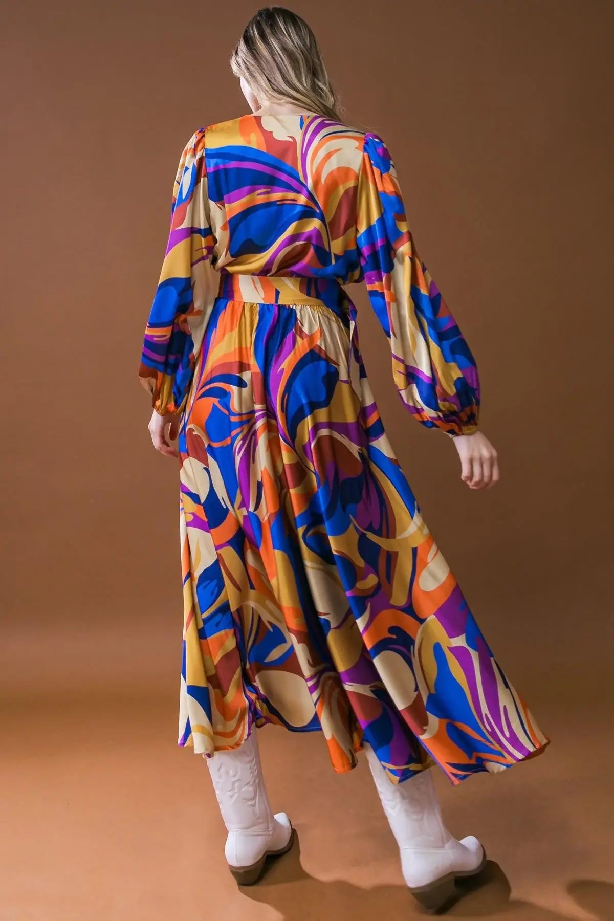 BOLD ADVENTURES WOVEN SATIN MIDI DRESS - Flying Tomato - Flyclothing LLC