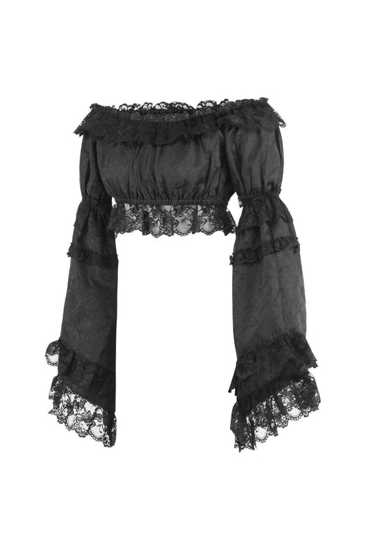 Daisy Corsets Black Brocade Smocked Flare Sleeve Peasant Top