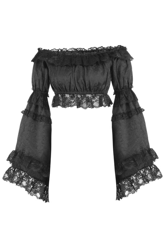 Daisy Corsets Black Brocade Smocked Flare Sleeve Peasant Top