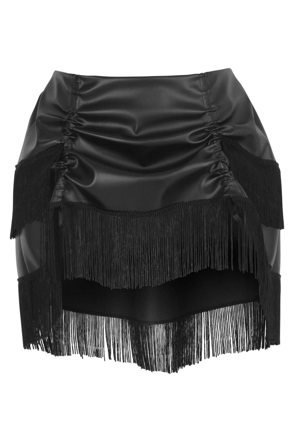 Daisy Corsets Black Faux Leather Ruched Bustle Skirt w/Fringe