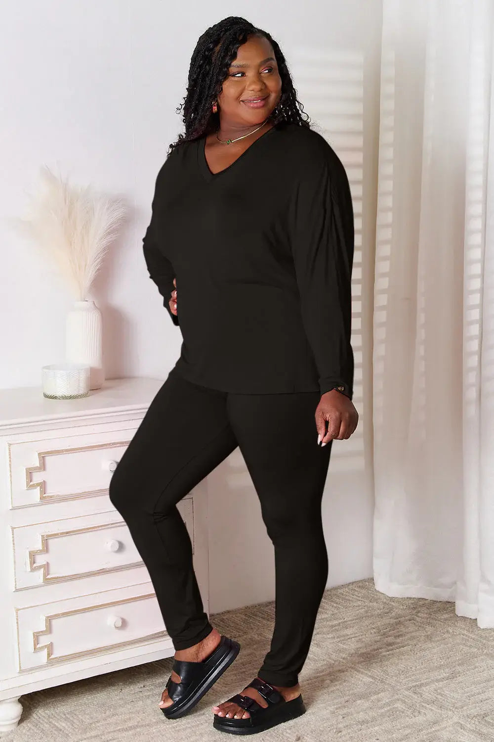 Basic Bae Full Size V-Neck Soft Rayon Long Sleeve Top and Pants Lounge Set - ShopBasicbae - Flyclothing LLC