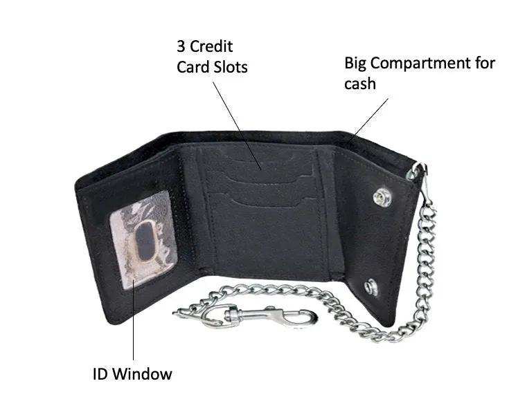 Small Brown Trifold Leather Biker Chain Wallet - Unik Just for Bikers - Flyclothing LLC