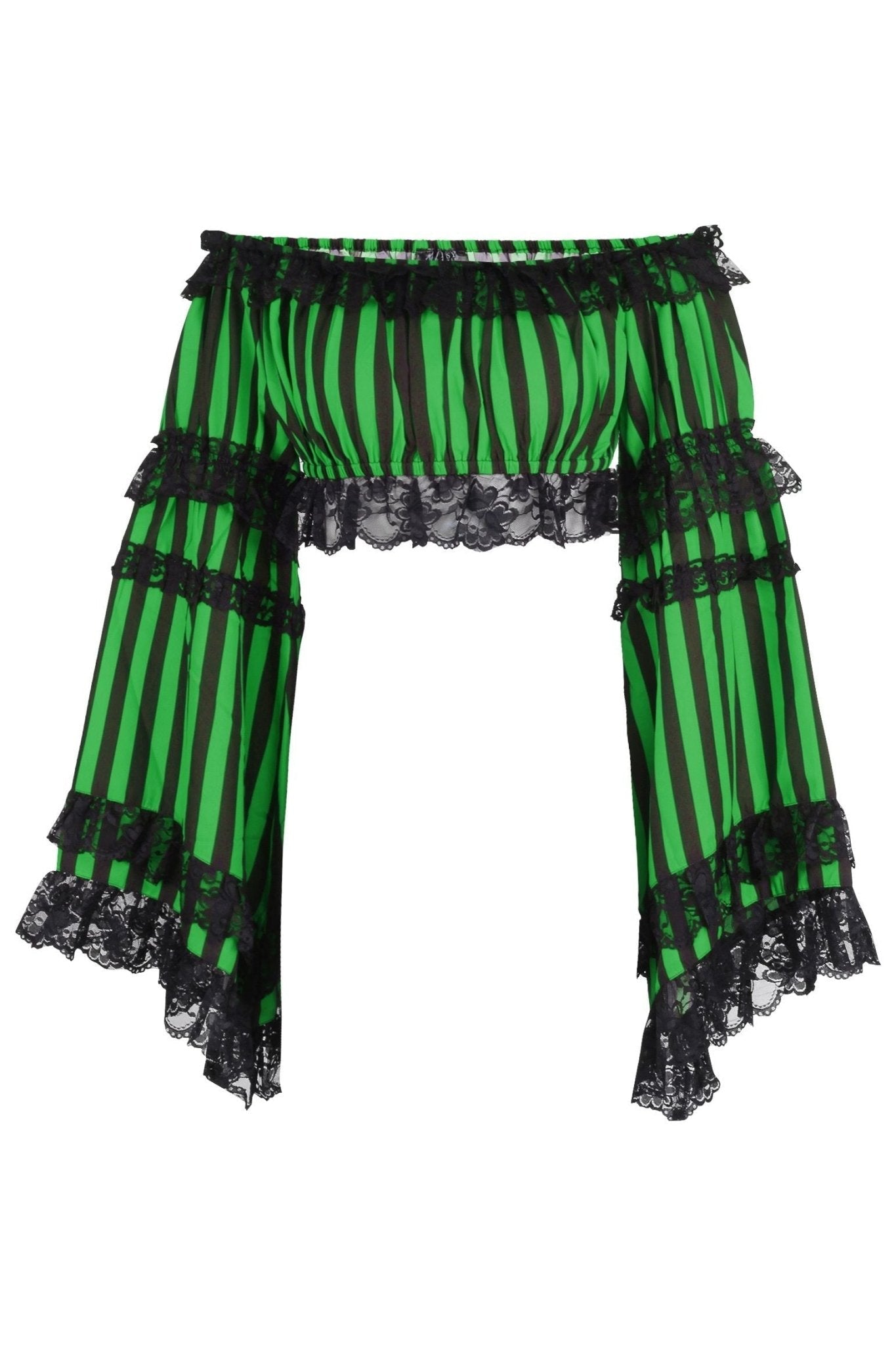 Daisy Corsets Black/Green Striped Smocked Flare Sleeve Peasant Top - Daisy Corsets