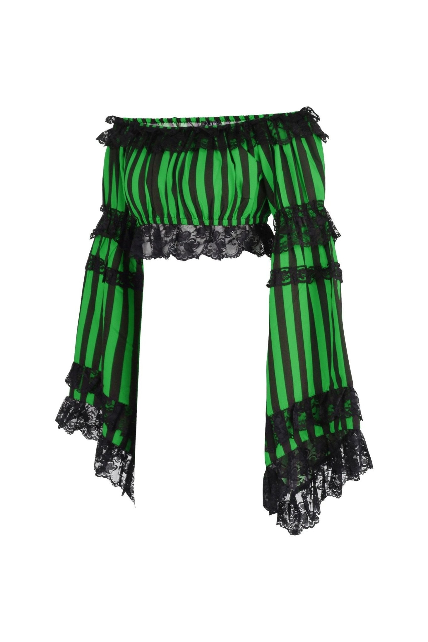 Daisy Corsets Black/Green Striped Smocked Flare Sleeve Peasant Top - Daisy Corsets