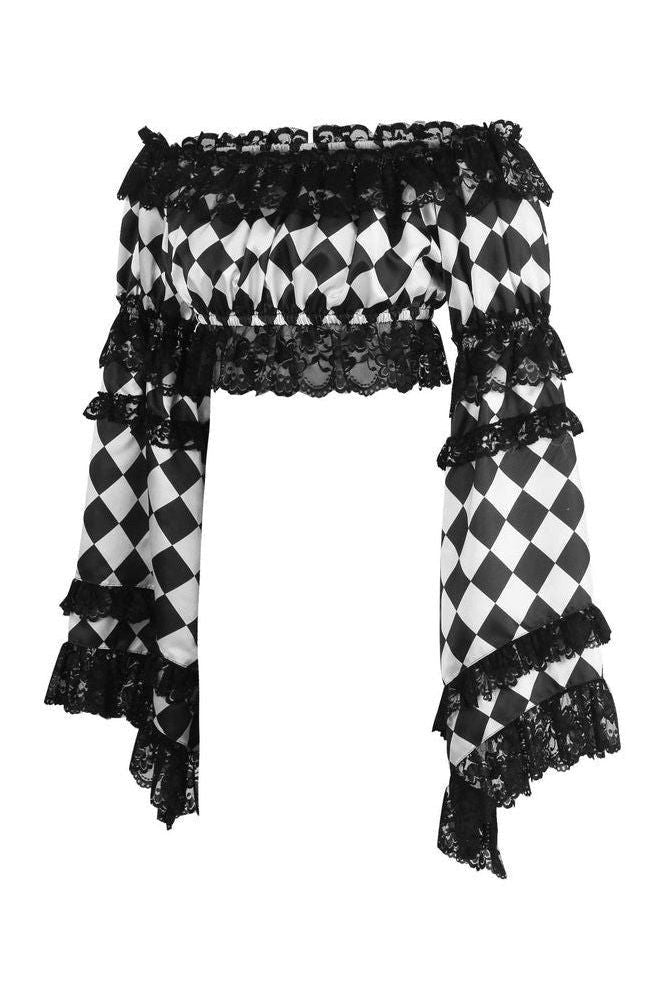 Daisy Corsets Black/White Diamond Print Satin & Lace Peasant Top - Daisy Corsets