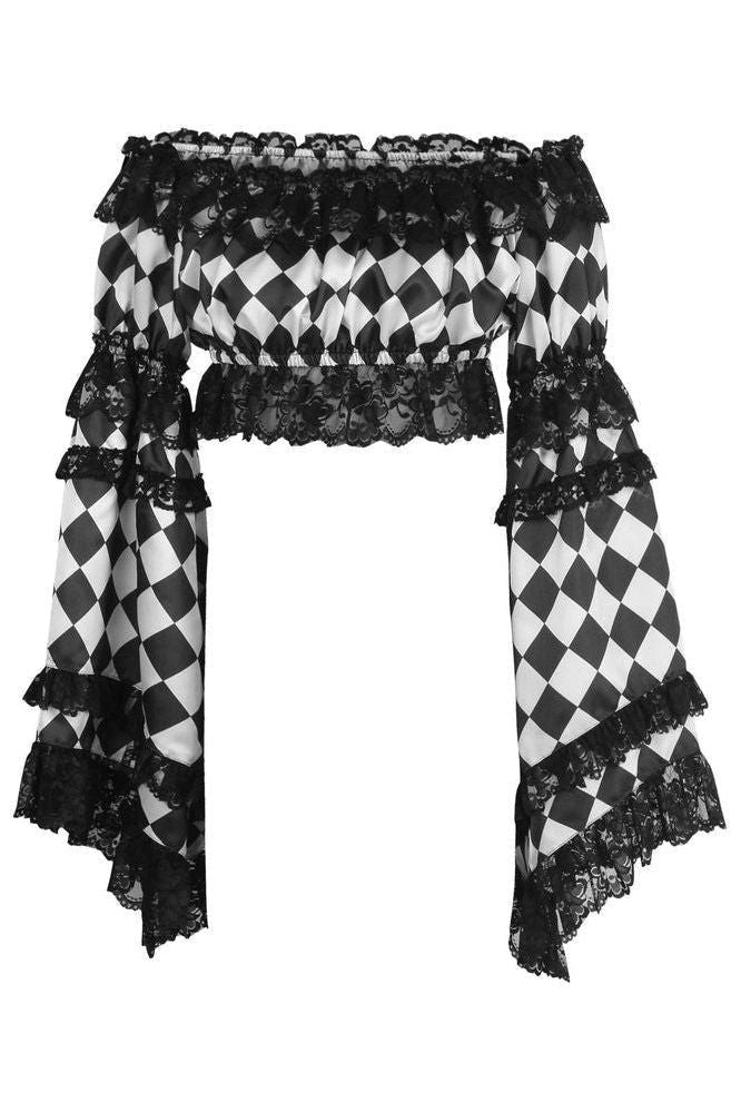 Daisy Corsets Black/White Diamond Print Satin & Lace Peasant Top - Daisy Corsets