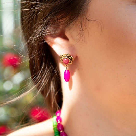 Blooming Pink Agate Post Golden Earrings - Barse Jewelry - Flyclothing LLC