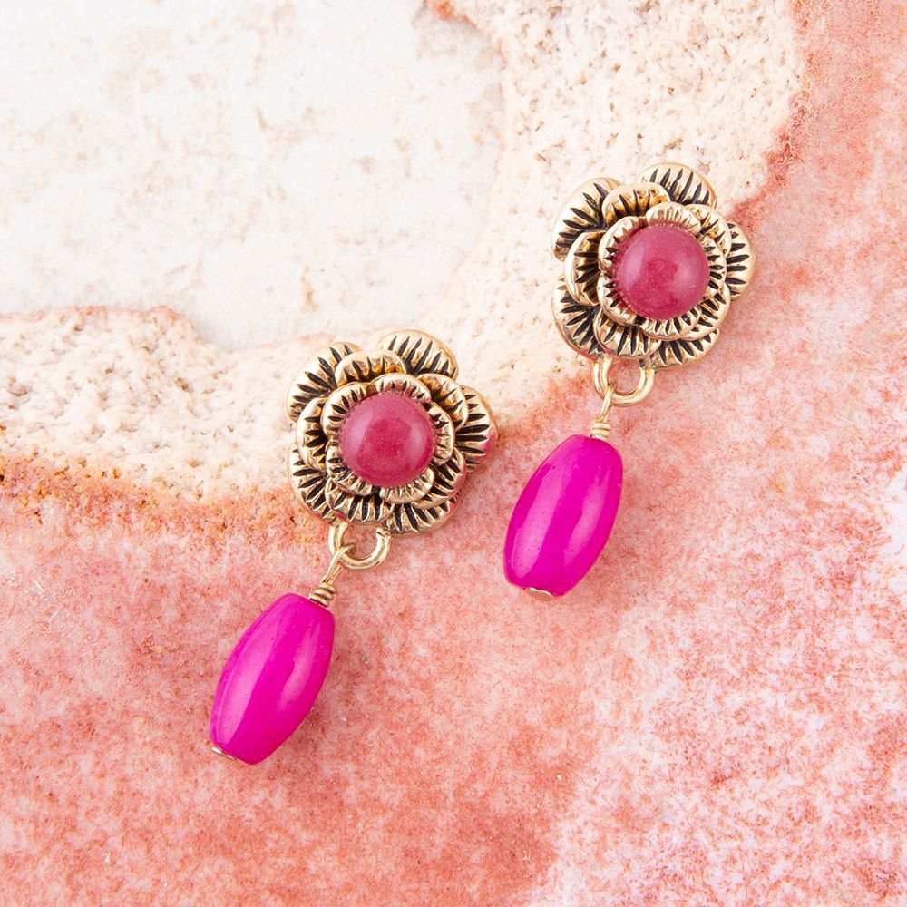 Blooming Pink Agate Post Golden Earrings - Barse Jewelry - Flyclothing LLC