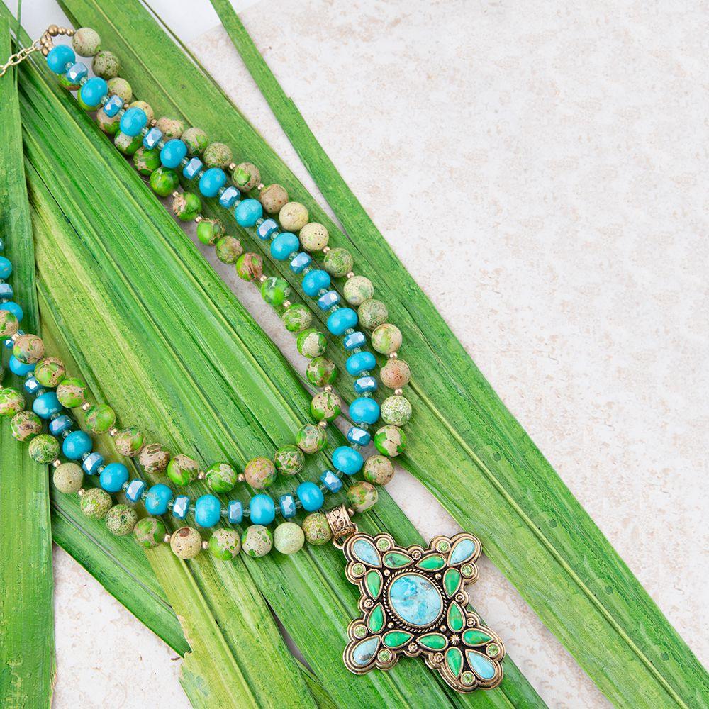 Legacy Lime Green and Blue Turquoise Golden Cross Pendant Statement Necklace - Barse Jewelry - Flyclothing LLC