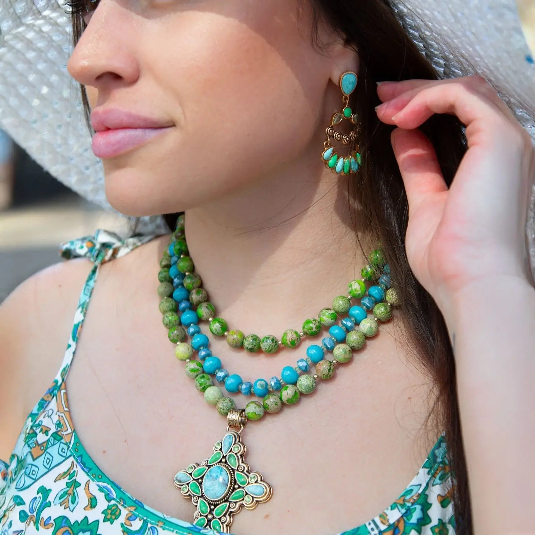 Legacy Lime Green and Blue Turquoise Golden Cross Pendant Statement Necklace - Barse Jewelry - Flyclothing LLC