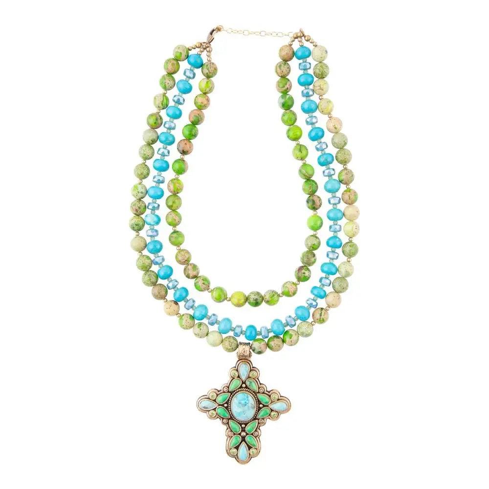 Legacy Lime Green and Blue Turquoise Golden Cross Pendant Statement Necklace - Barse Jewelry - Flyclothing LLC