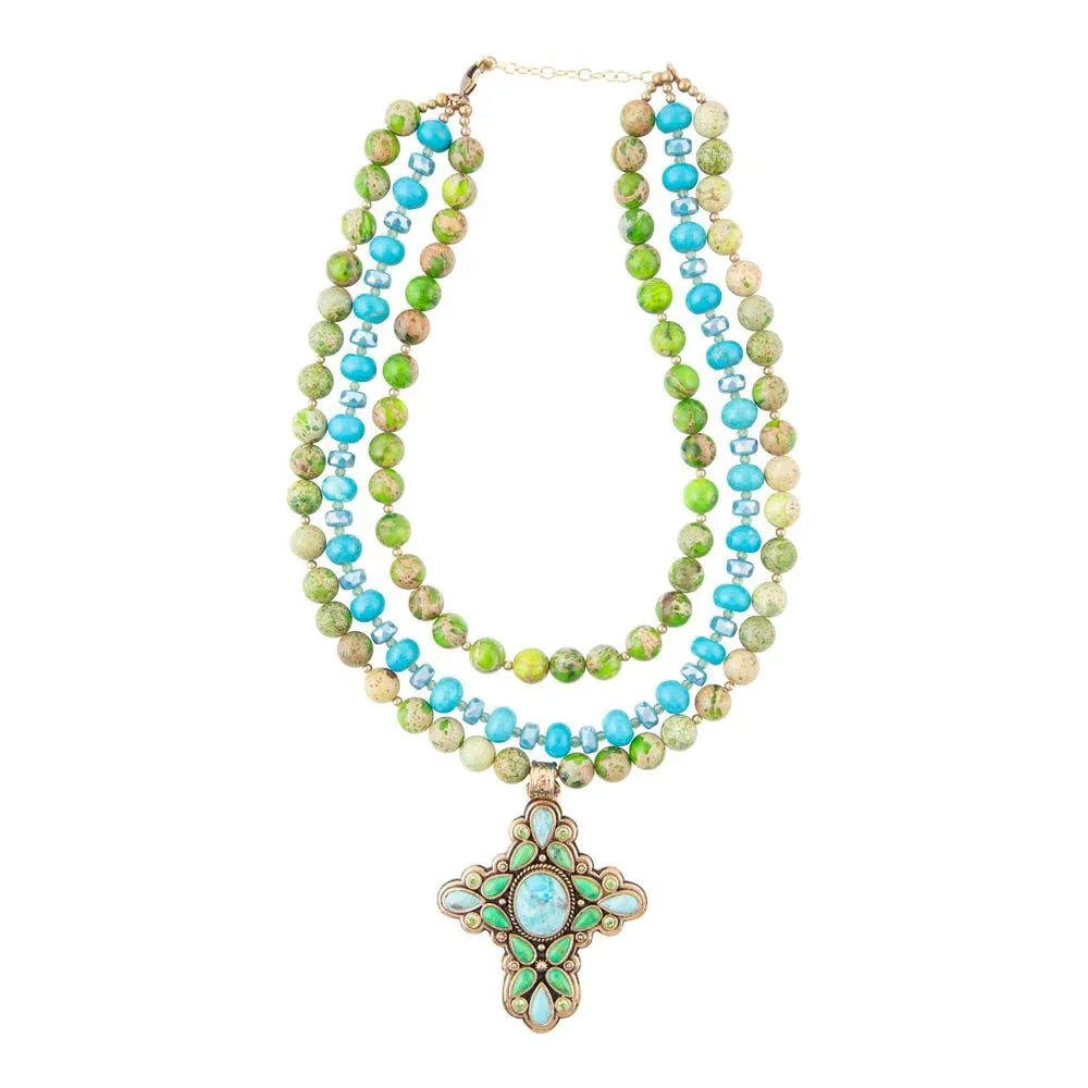 Legacy Lime Green and Blue Turquoise Golden Cross Pendant Statement Necklace - Barse Jewelry - Flyclothing LLC