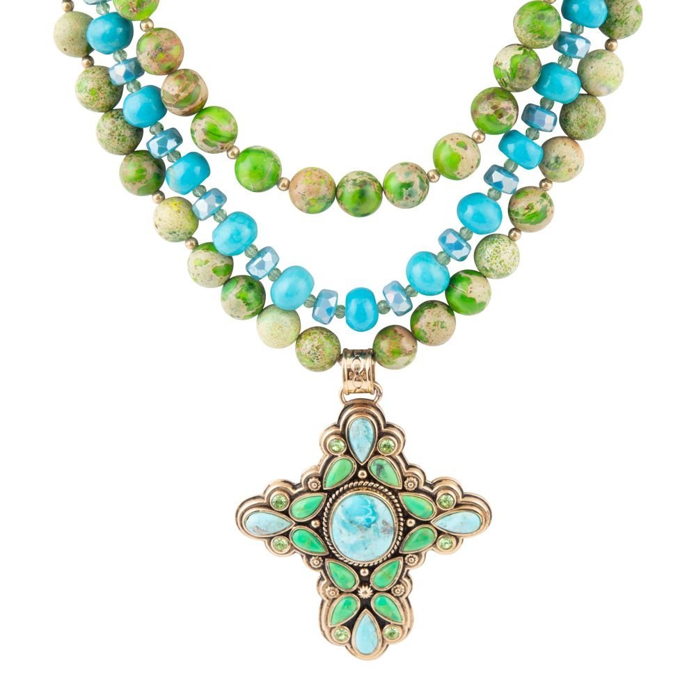 Legacy Lime Green and Blue Turquoise Golden Cross Pendant Statement Necklace - Barse Jewelry