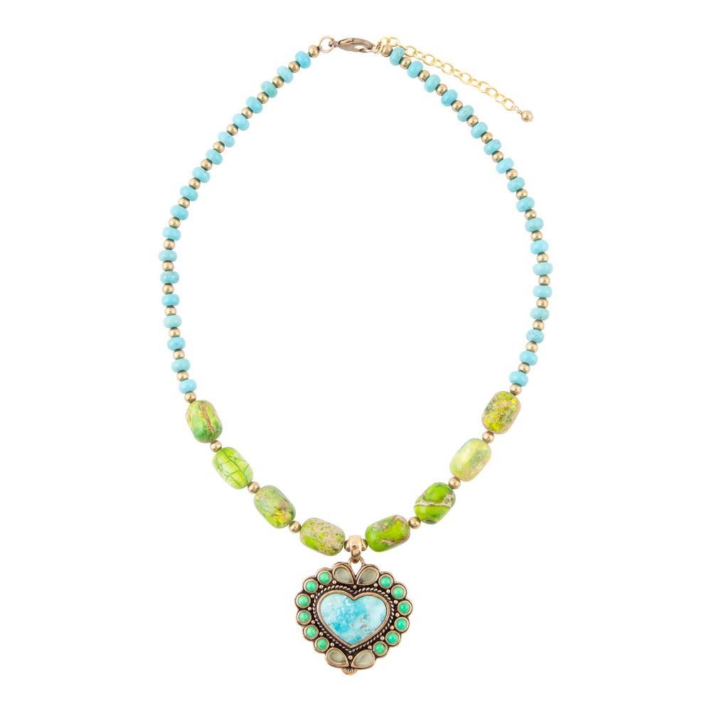 Legacy Heart Lime Green and Blue Turquoise Golden Pendant Necklace - Barse Jewelry - Flyclothing LLC