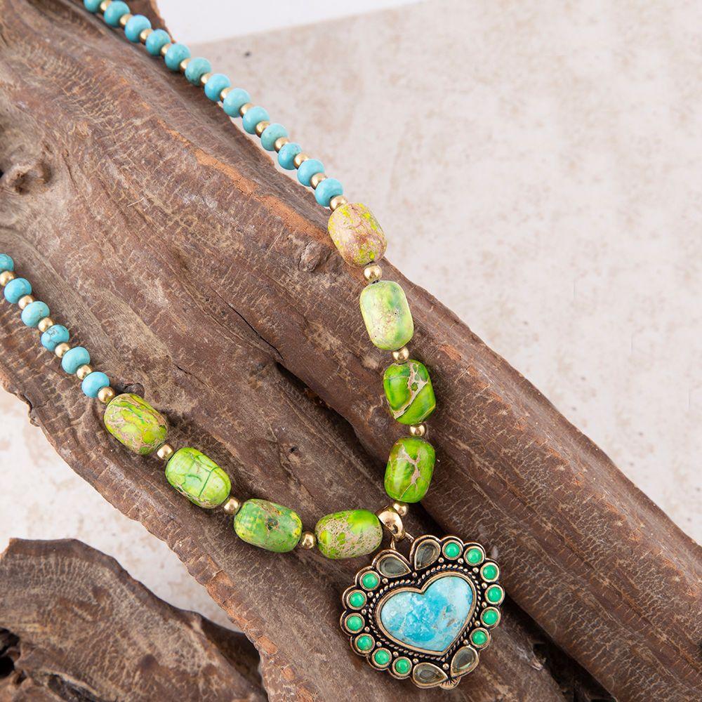 Legacy Heart Lime Green and Blue Turquoise Golden Pendant Necklace - Barse Jewelry - Flyclothing LLC