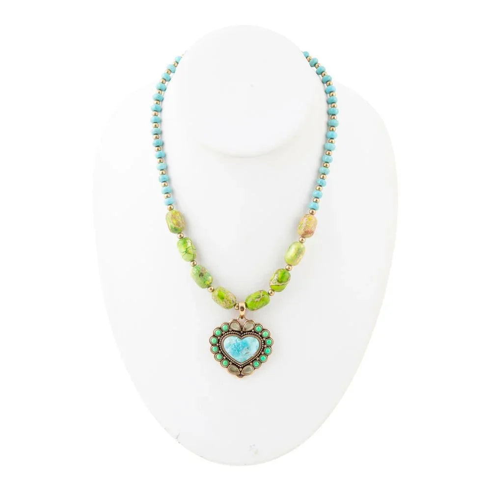 Legacy Heart Lime Green and Blue Turquoise Golden Pendant Necklace - Barse Jewelry - Flyclothing LLC