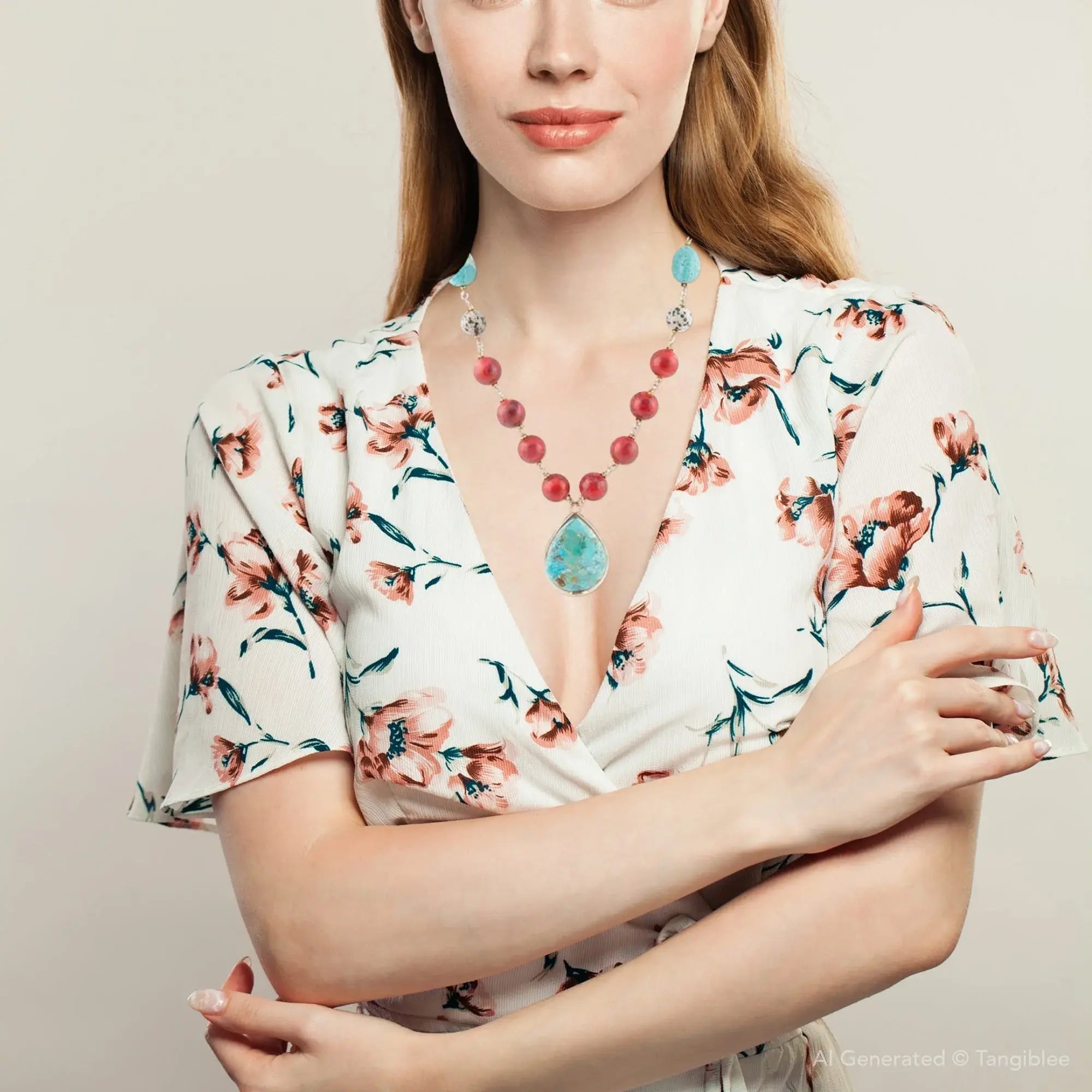Blue and Red Turquoise Teardrop Golden Necklace - Barse Jewelry - Flyclothing LLC