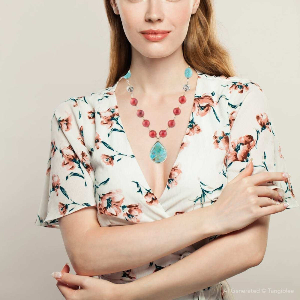 Blue and Red Turquoise Teardrop Golden Necklace - Barse Jewelry - Flyclothing LLC