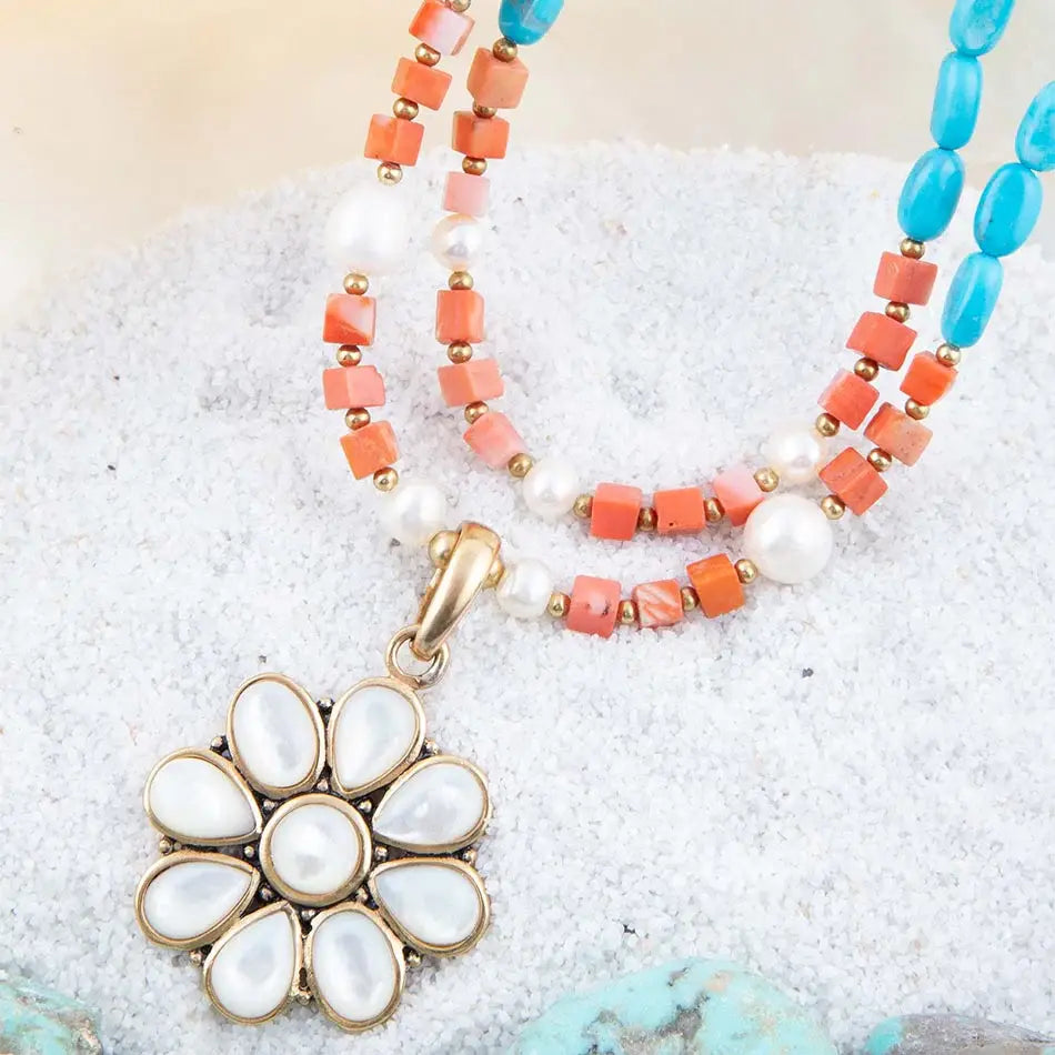 Blue and White Hibiscus Mother of Pearl Pendant and Necklace - Barse Jewelry - Flyclothing LLC