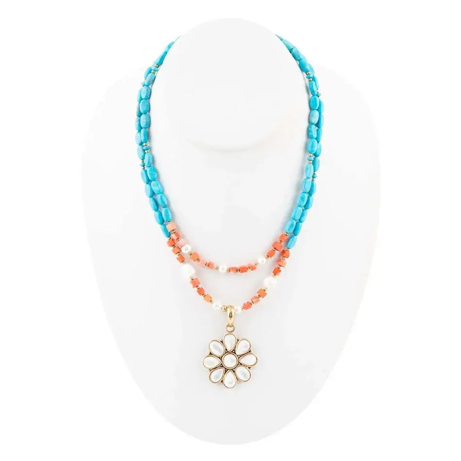 Blue and White Hibiscus Mother of Pearl Pendant and Necklace - Barse Jewelry - Flyclothing LLC