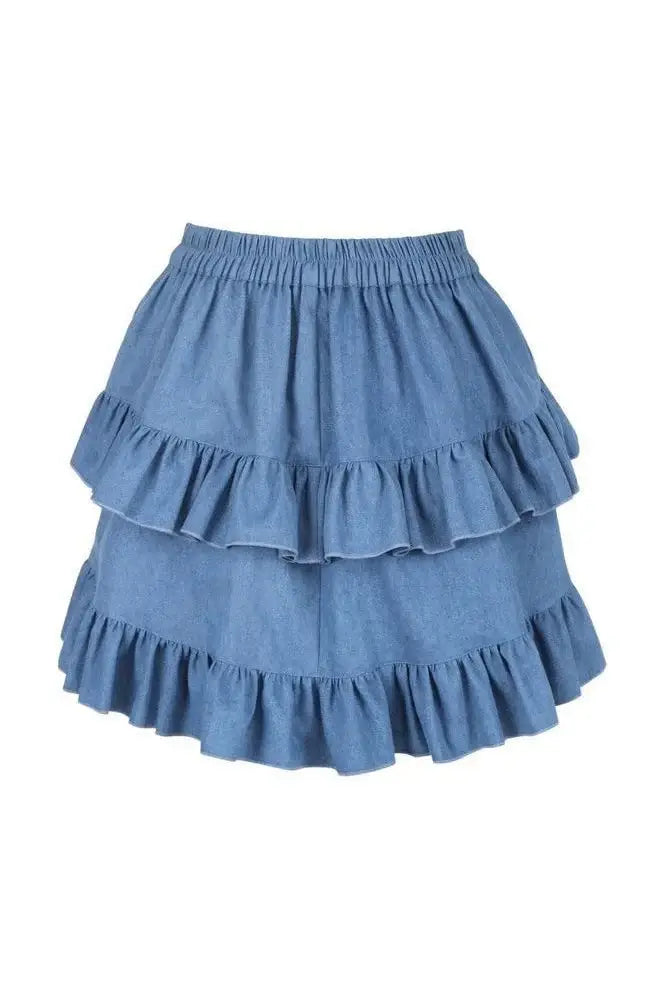 Blue Denim Ruched Bustle Skirt - Daisy Corsets - Flyclothing LLC