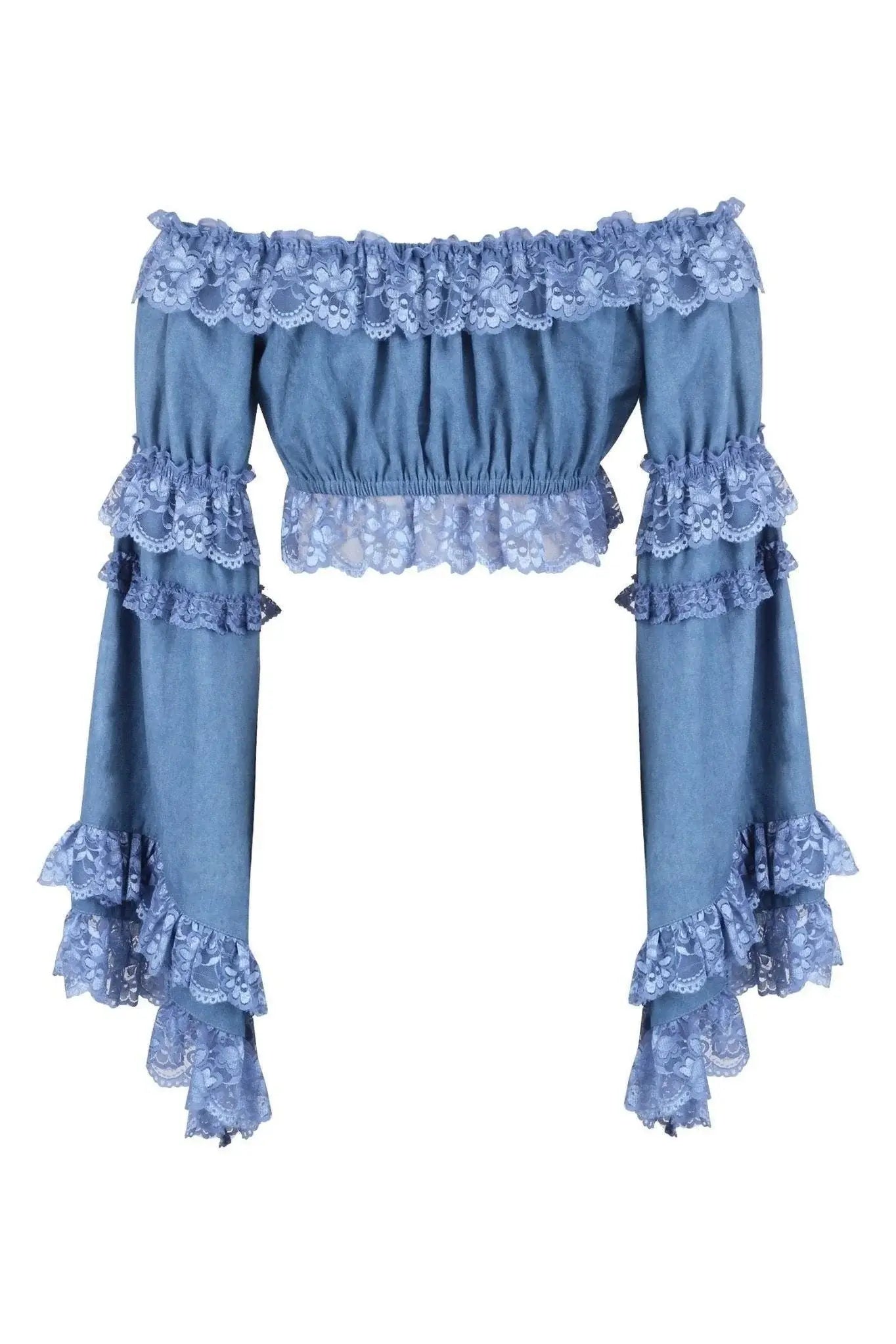 Blue Denim Smocked Flare Sleeve Peasant Top - Daisy Corsets - Flyclothing LLC