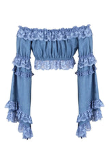 Blue Denim Smocked Flare Sleeve Peasant Top - Daisy Corsets - Flyclothing LLC