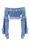 Daisy Corsets Blue Denim Smocked Flare Sleeve Peasant Top