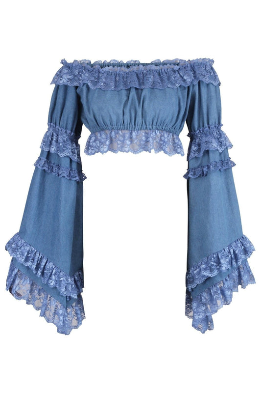 Daisy Corsets Blue Denim Smocked Flare Sleeve Peasant Top