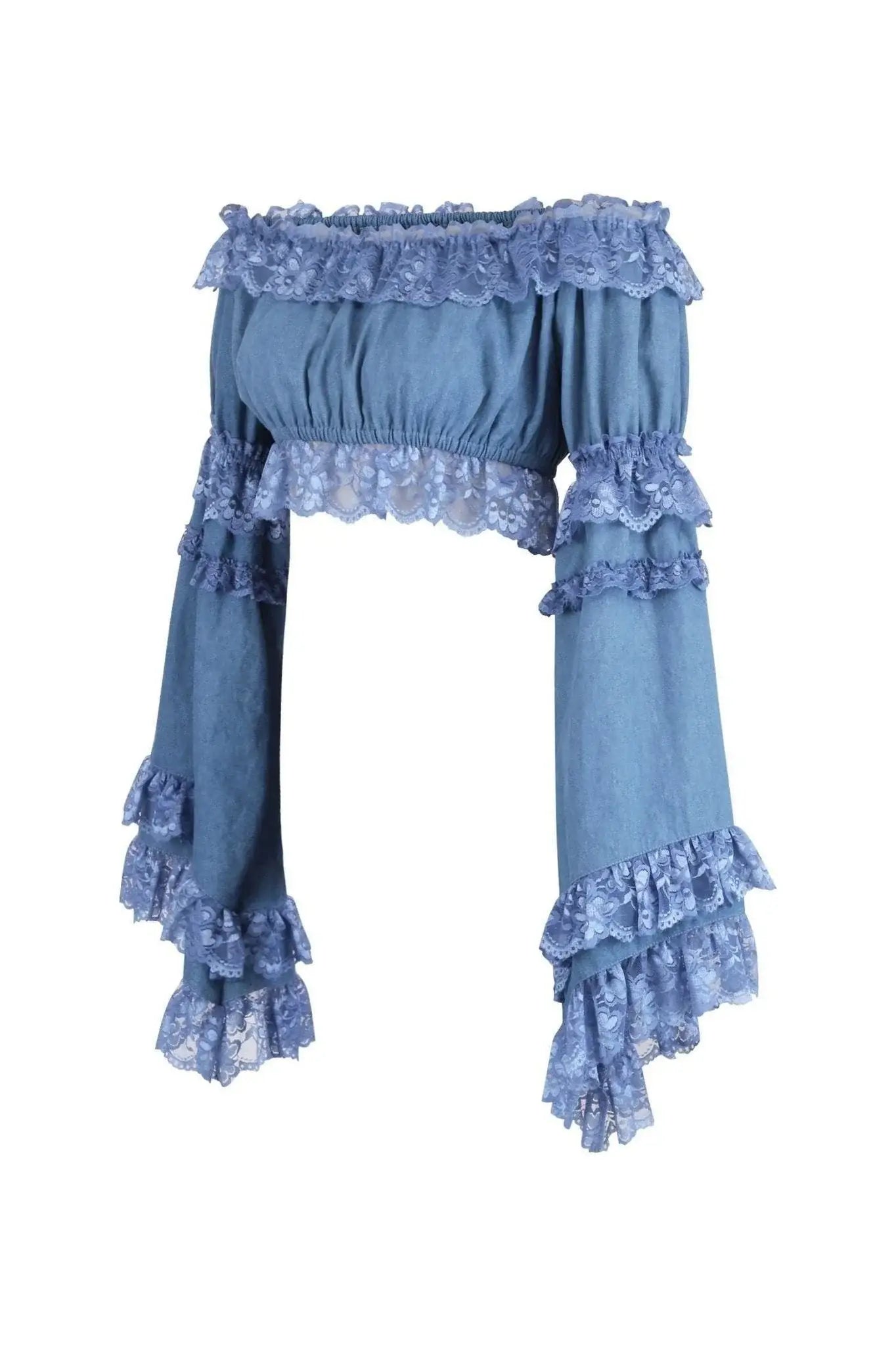 Blue Denim Smocked Flare Sleeve Peasant Top - Daisy Corsets - Flyclothing LLC