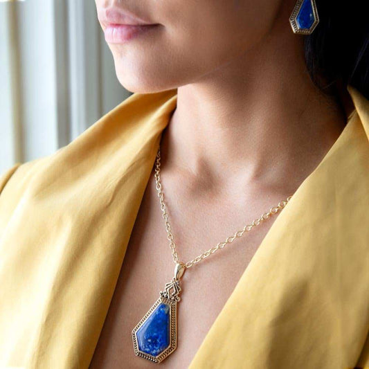 Blue Lapis Golden Elongated Pendant Necklace - Barse Jewelry - Flyclothing LLC