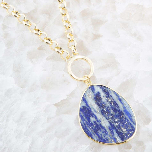 Blue Lapis Slab Pendant Golden Necklace - Barse Jewelry - Flyclothing LLC