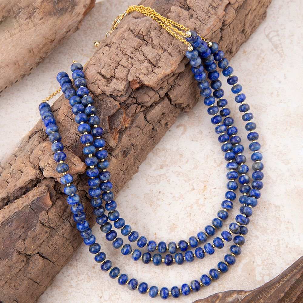 Blue Lapis Triple Strand Golden Necklace - Barse Jewelry - Flyclothing LLC