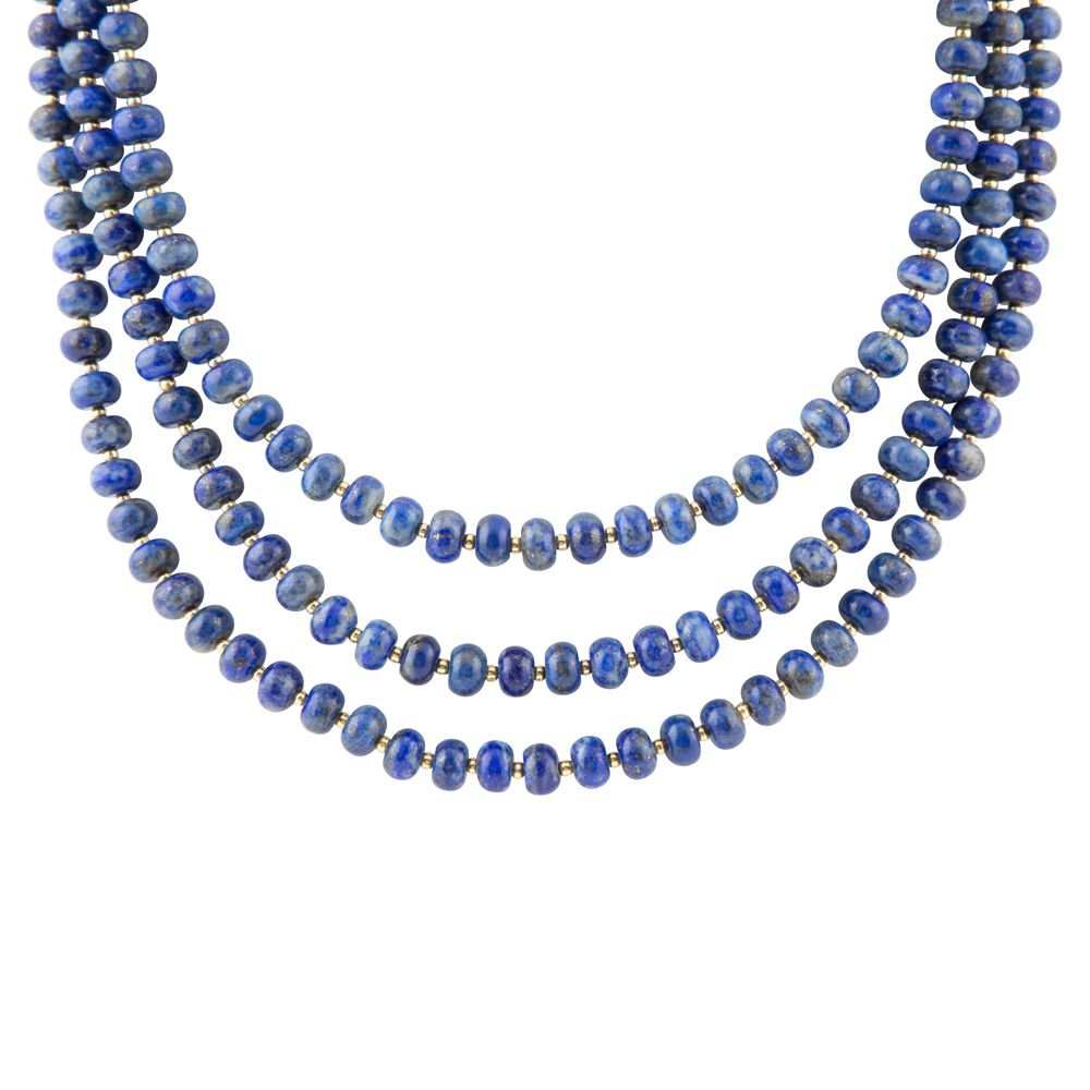 Blue Lapis Triple Strand Golden Necklace - Barse Jewelry - Flyclothing LLC