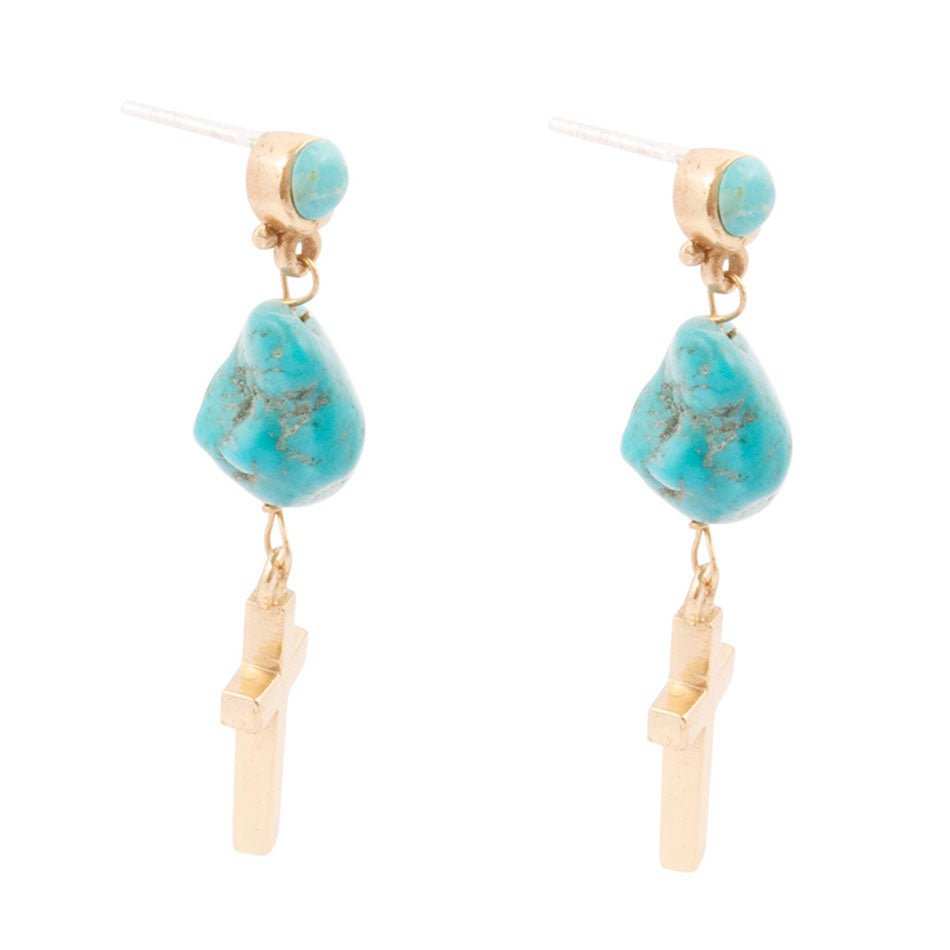 Blue Turquoise On The Cross Golden Post Earrings - Barse Jewelry - Flyclothing LLC