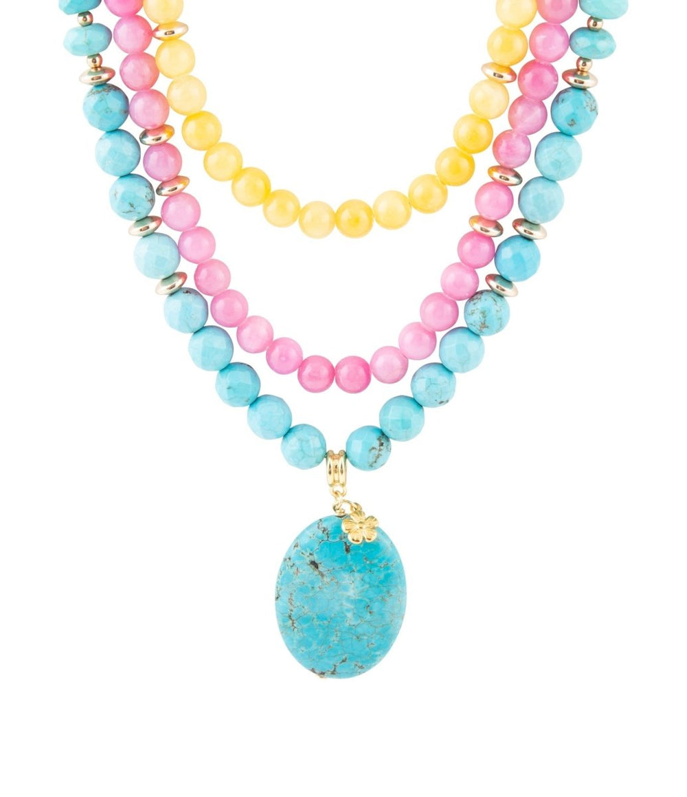 St. Augustine Pink Agate and Blue Turquoise Golden Pendant Necklace - Barse Jewelry