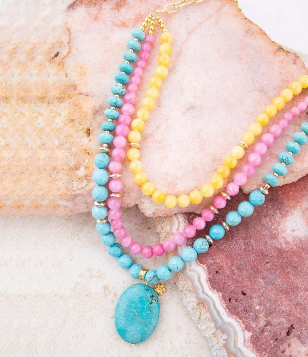 St. Augustine Pink Agate and Blue Turquoise Golden Pendant Necklace - Barse Jewelry - Flyclothing LLC