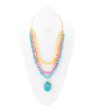 St. Augustine Pink Agate and Blue Turquoise Golden Pendant Necklace