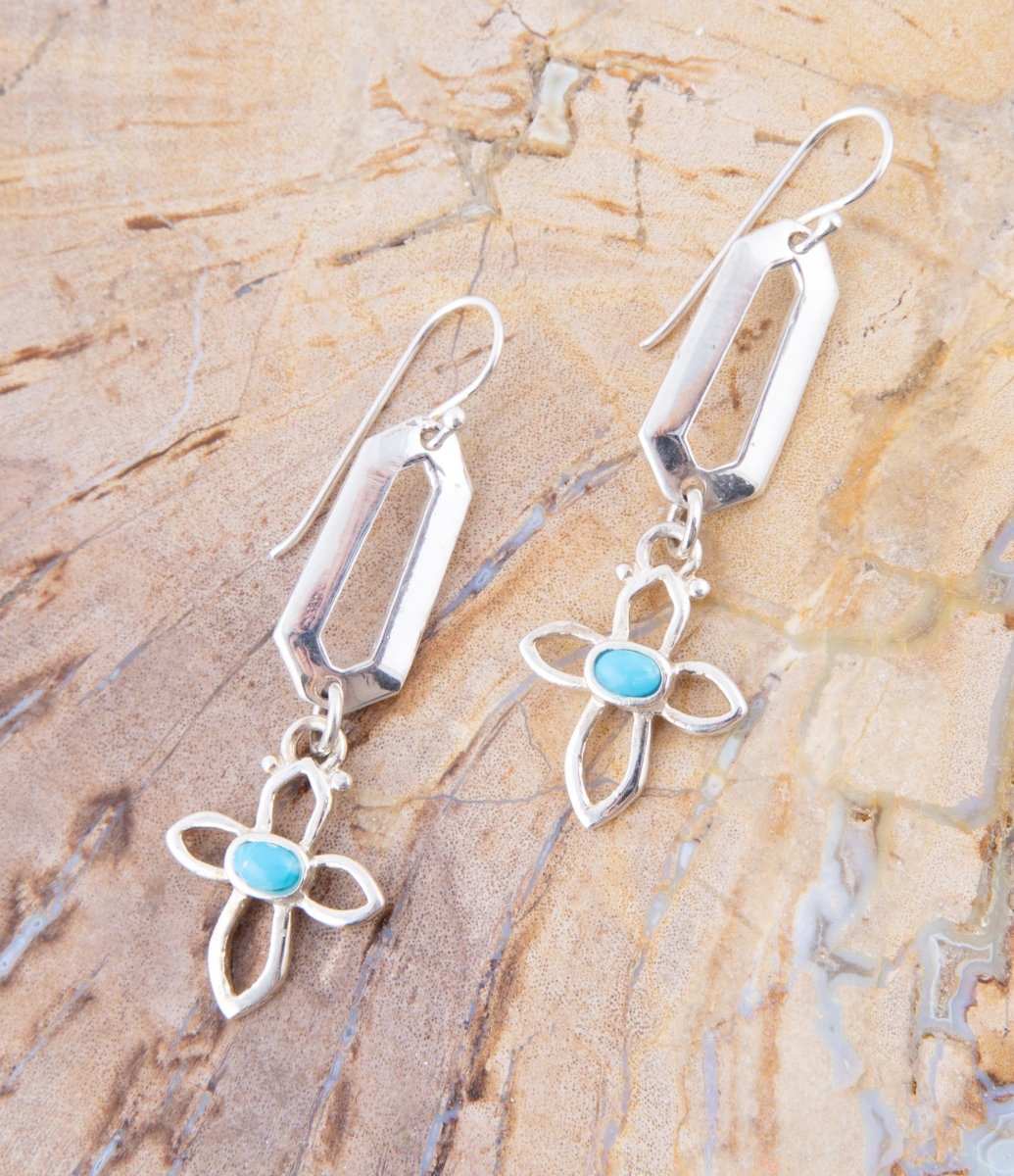 Blue Turquoise and Sterling Silver Cross Drop Earrings - Barse Jewelry - Flyclothing LLC
