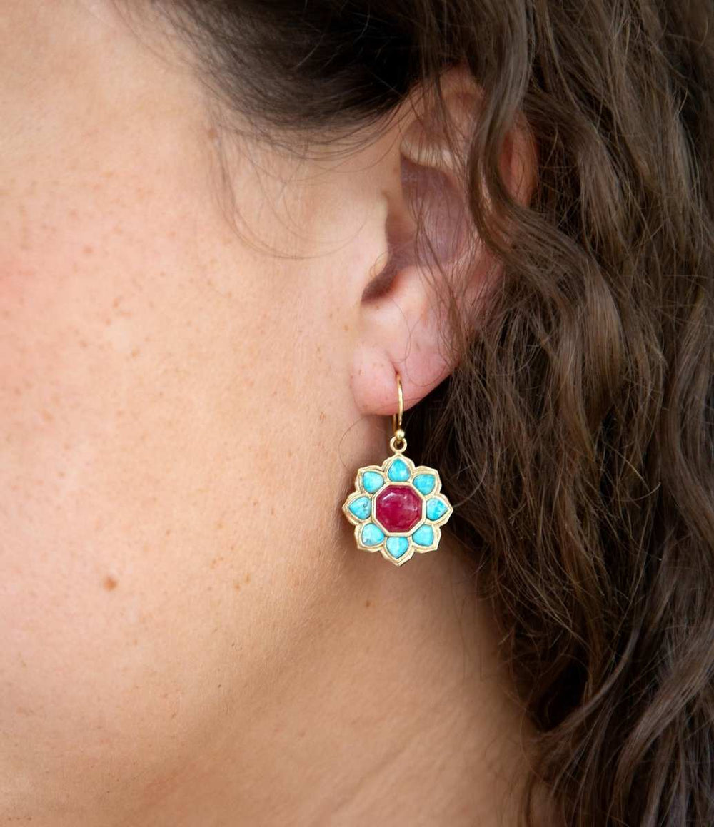 Blue Turquoise and Red Quartz Flower Golden Earrings - Barse Jewelry - Flyclothing LLC