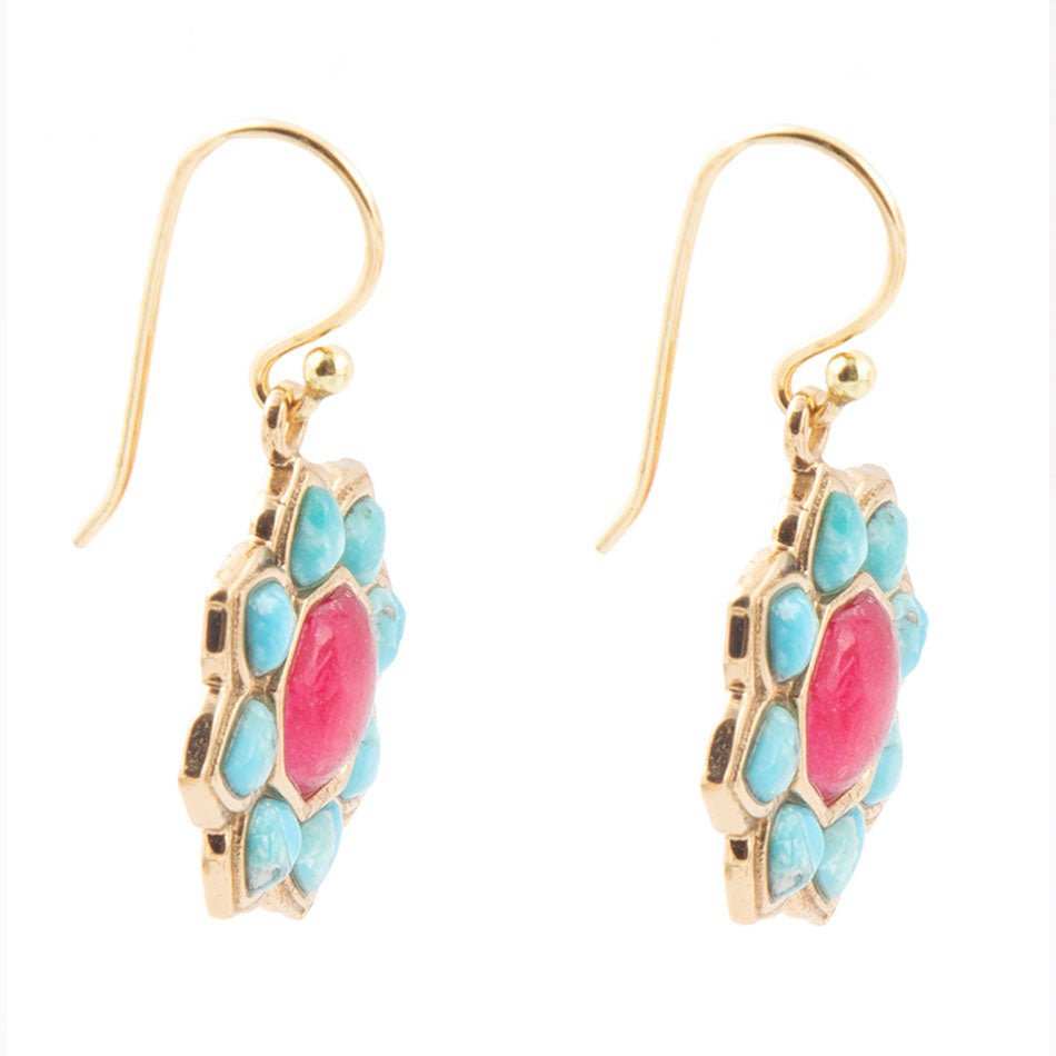 Blue Turquoise and Red Quartz Flower Golden Earrings - Barse Jewelry - Flyclothing LLC