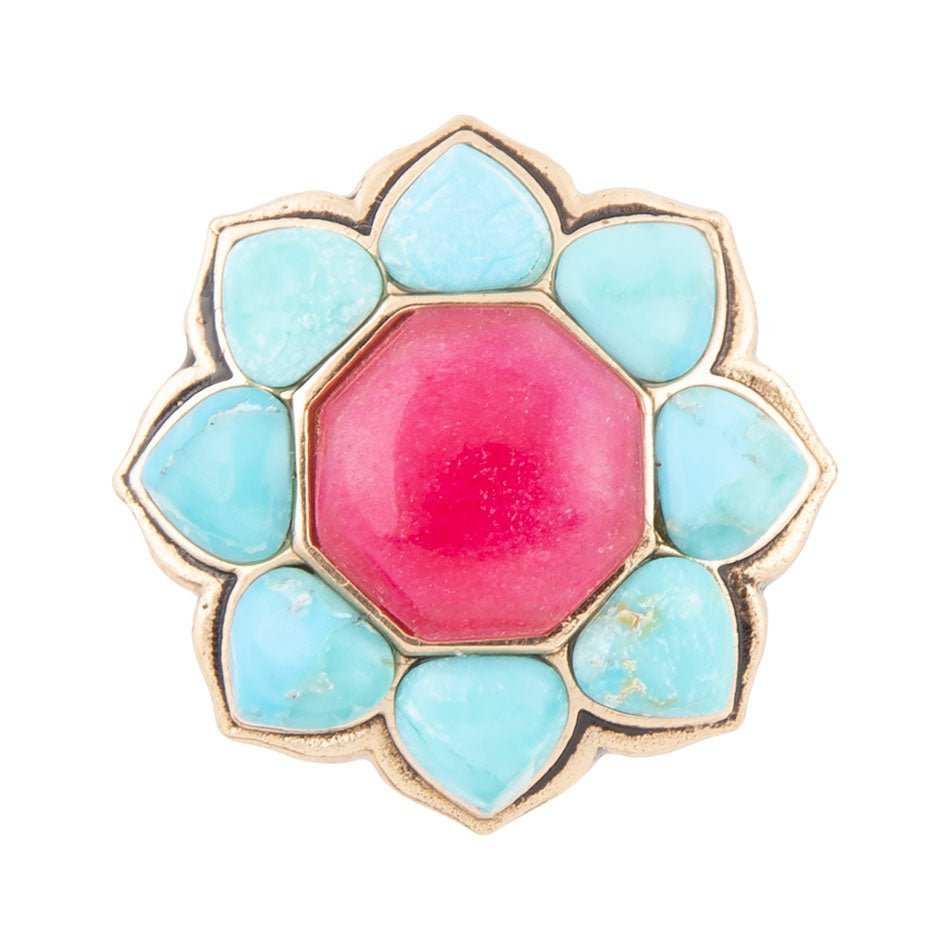 Blue Turquoise and Red Quartz Flower Golden Ring - Barse Jewelry - Flyclothing LLC