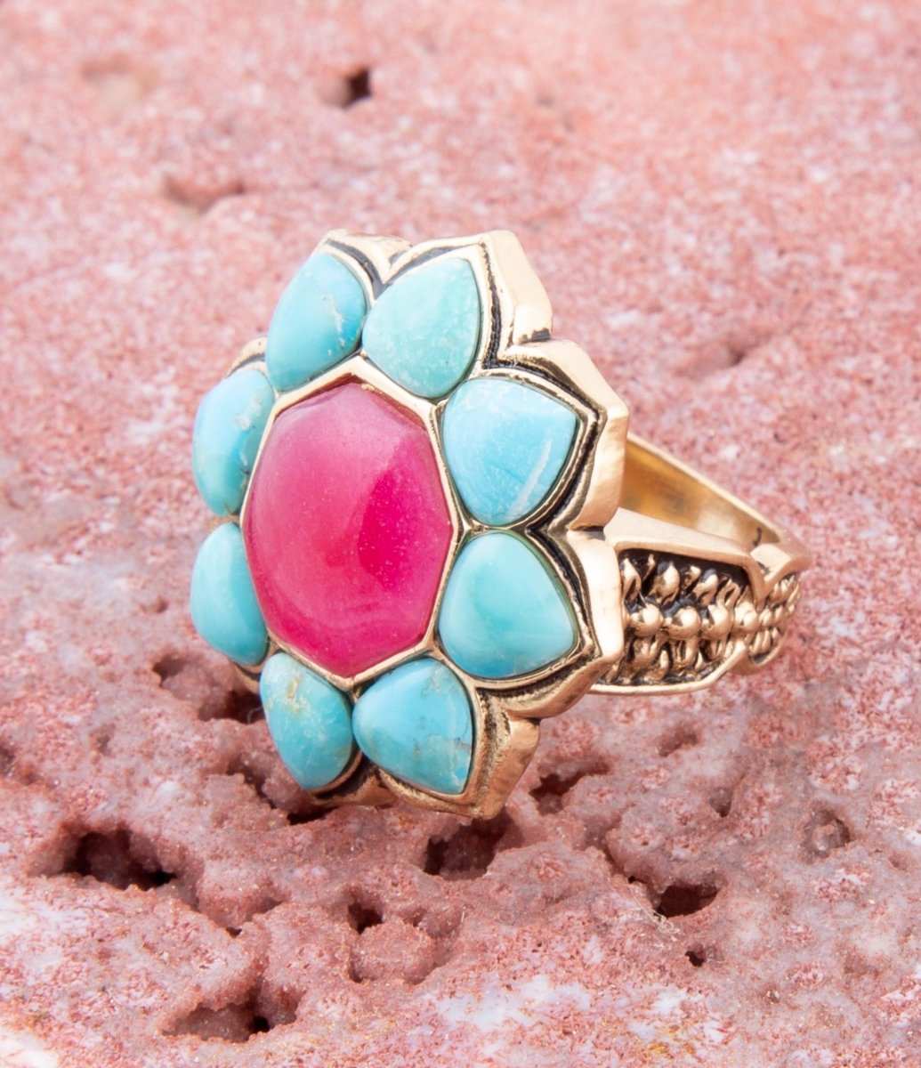 Blue Turquoise and Red Quartz Flower Golden Ring - Barse Jewelry - Flyclothing LLC