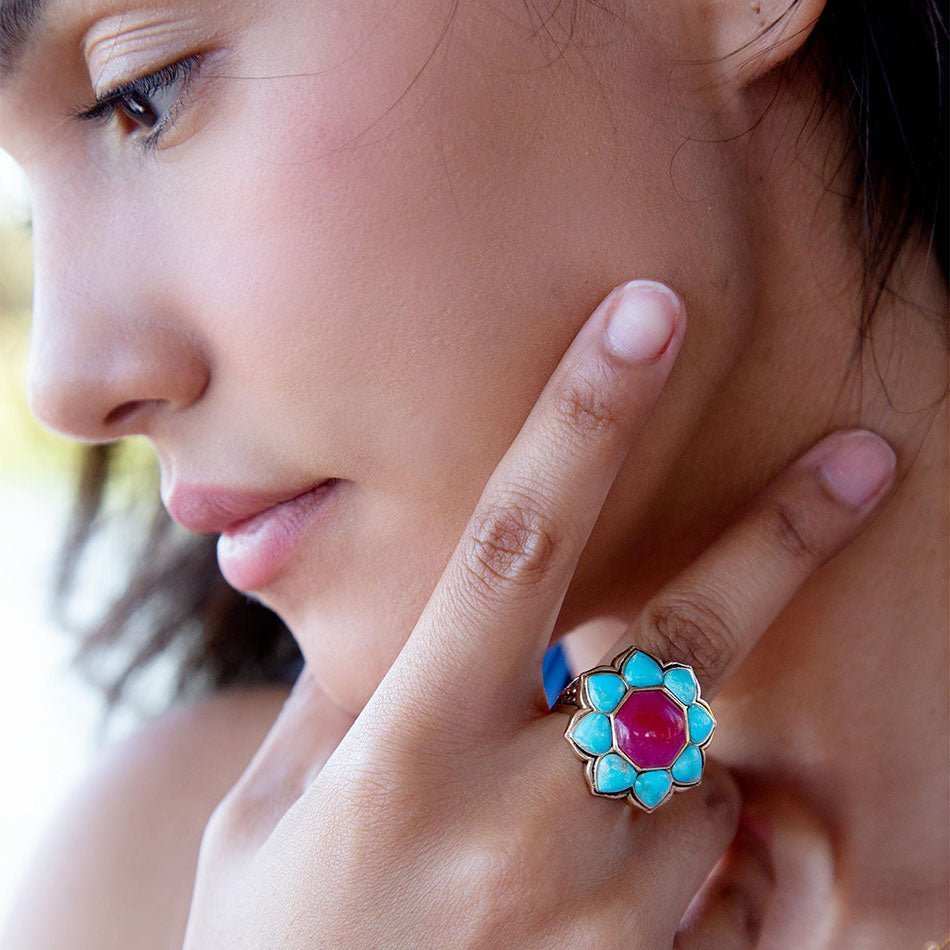 Blue Turquoise and Red Quartz Flower Golden Ring - Barse Jewelry - Flyclothing LLC
