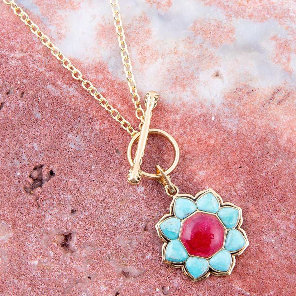 Blue Turquoise and Red Quartz Golden Chain Necklace - Barse Jewelry - Flyclothing LLC