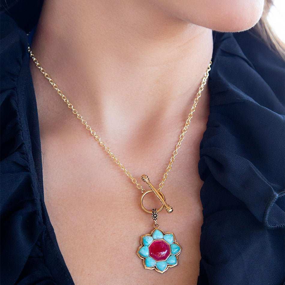 Blue Turquoise and Red Quartz Golden Chain Necklace - Barse Jewelry - Flyclothing LLC