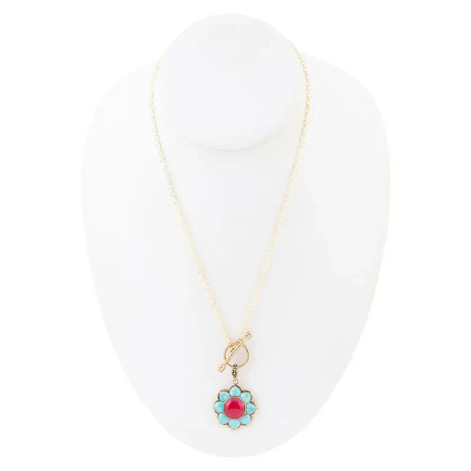 Blue Turquoise and Red Quartz Golden Chain Necklace - Barse Jewelry - Flyclothing LLC