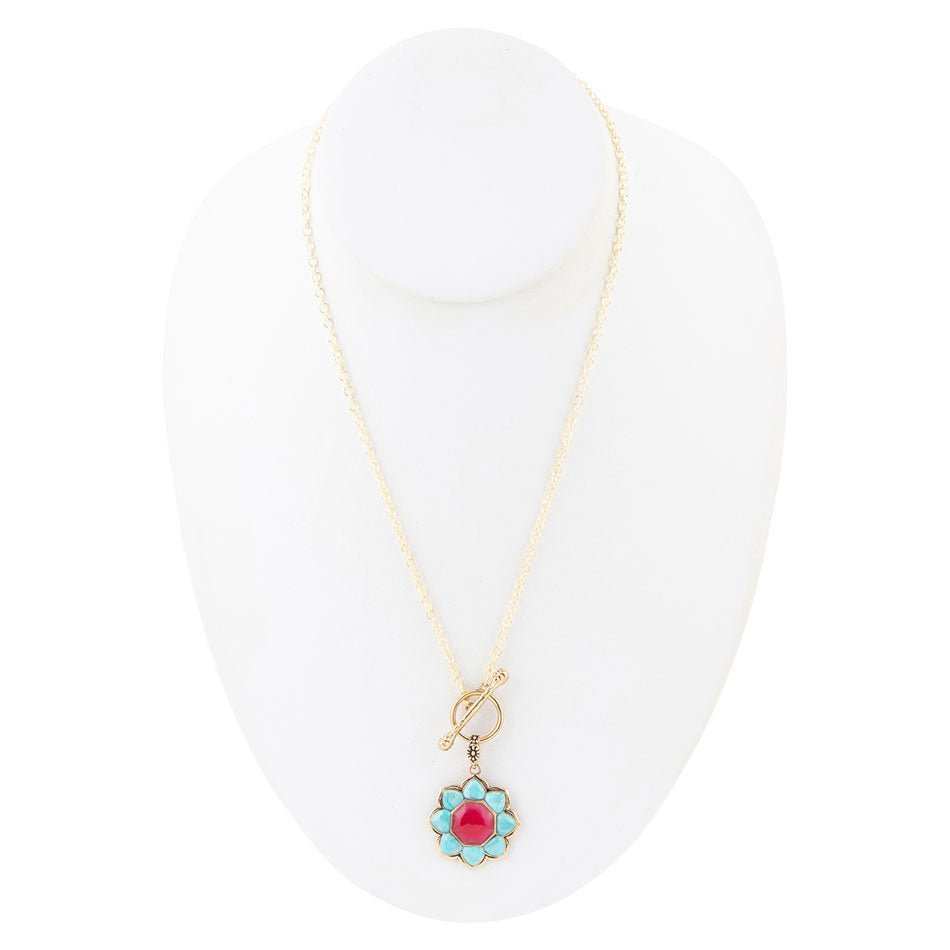Blue Turquoise and Red Quartz Golden Chain Necklace - Barse Jewelry - Flyclothing LLC
